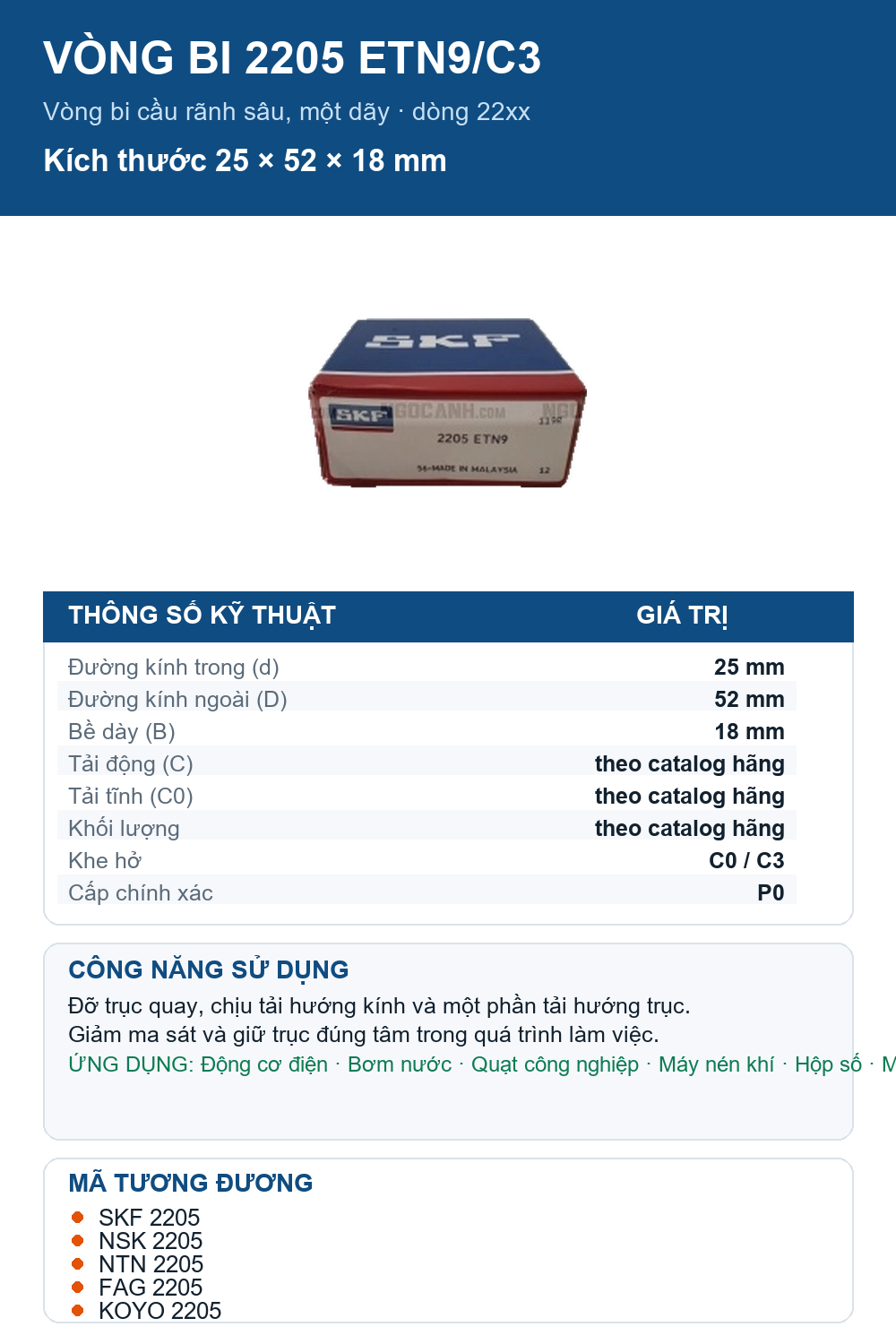 Vòng bi SKF 2205 ETN9/C3 25x52x18mm — Ảnh thông số (Pinterest)