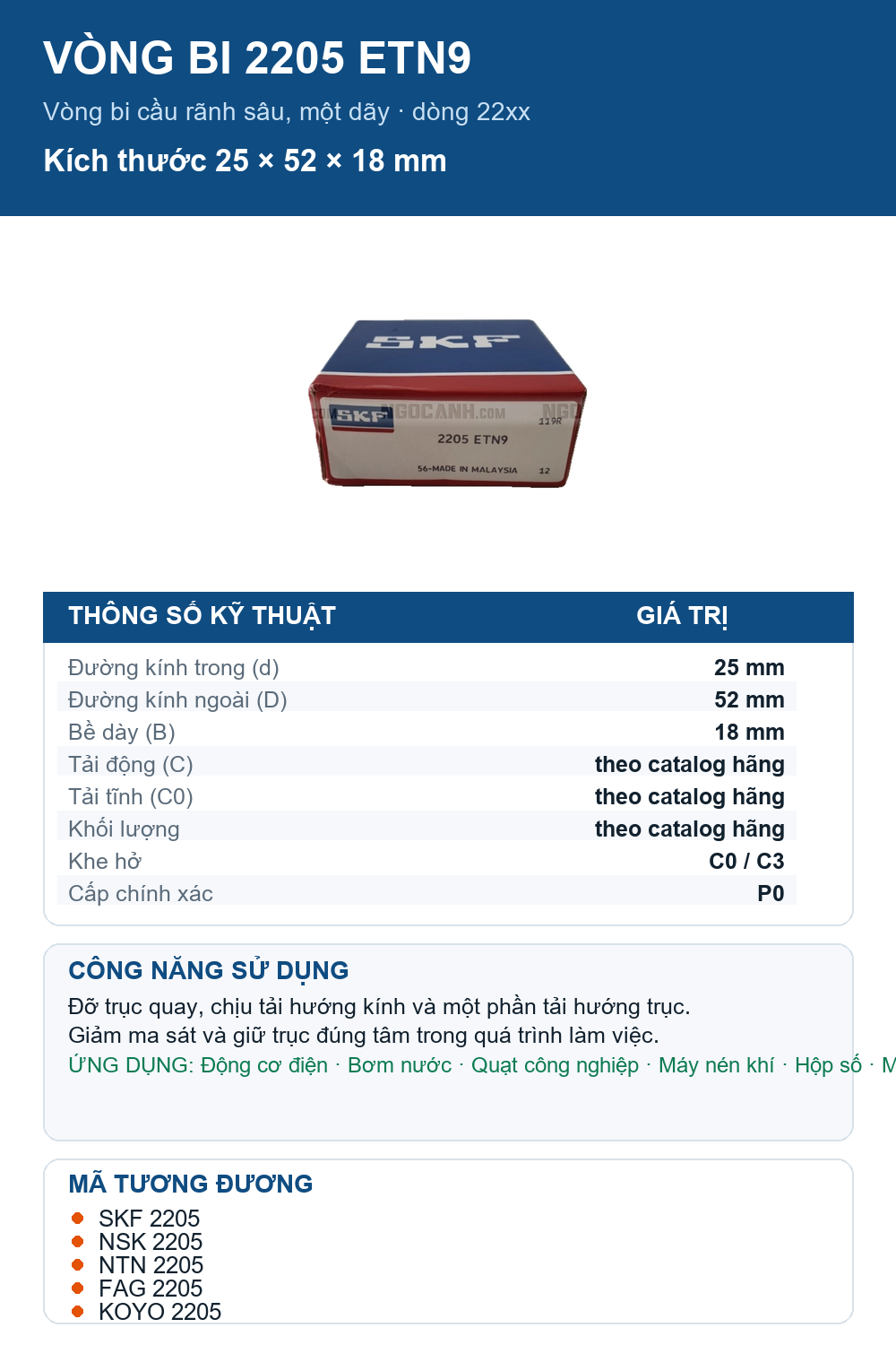 Vòng bi SKF 2205 ETN9 25x52x18mm — Ảnh thông số (Pinterest)