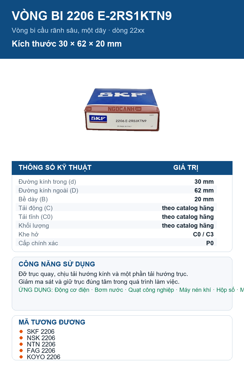 Vòng bi SKF 2206 E-2RS1KTN9 30x62x20mm — Ảnh thông số (Pinterest)