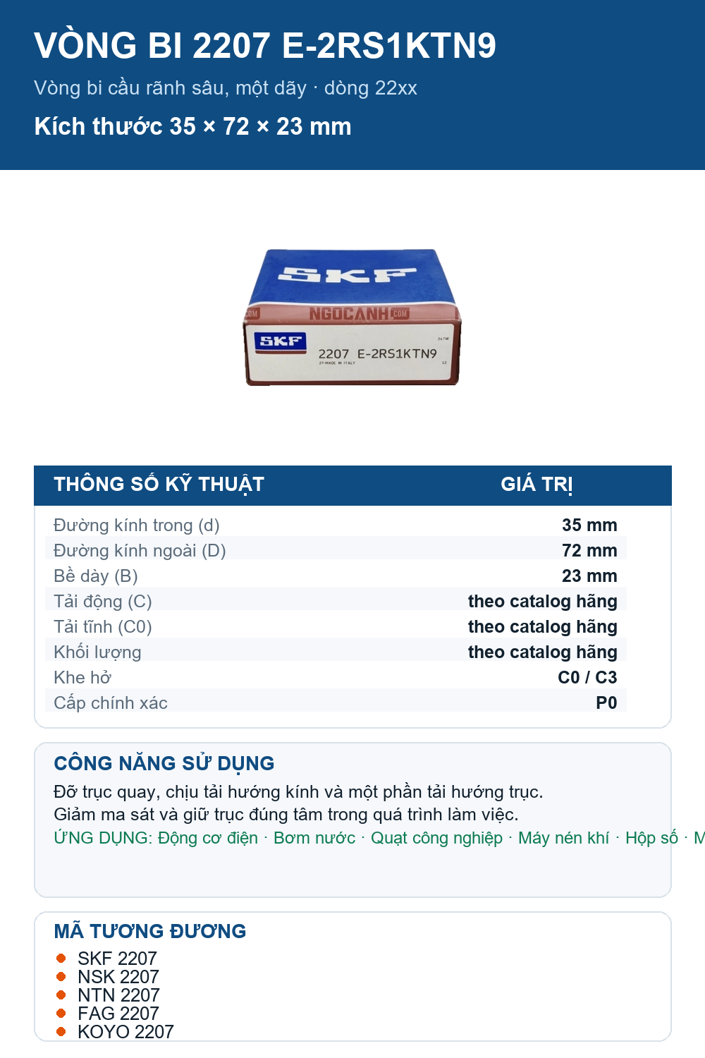Vòng bi SKF 2207 E-2RS1KTN9 35x72x23mm — Ảnh thông số (Pinterest)