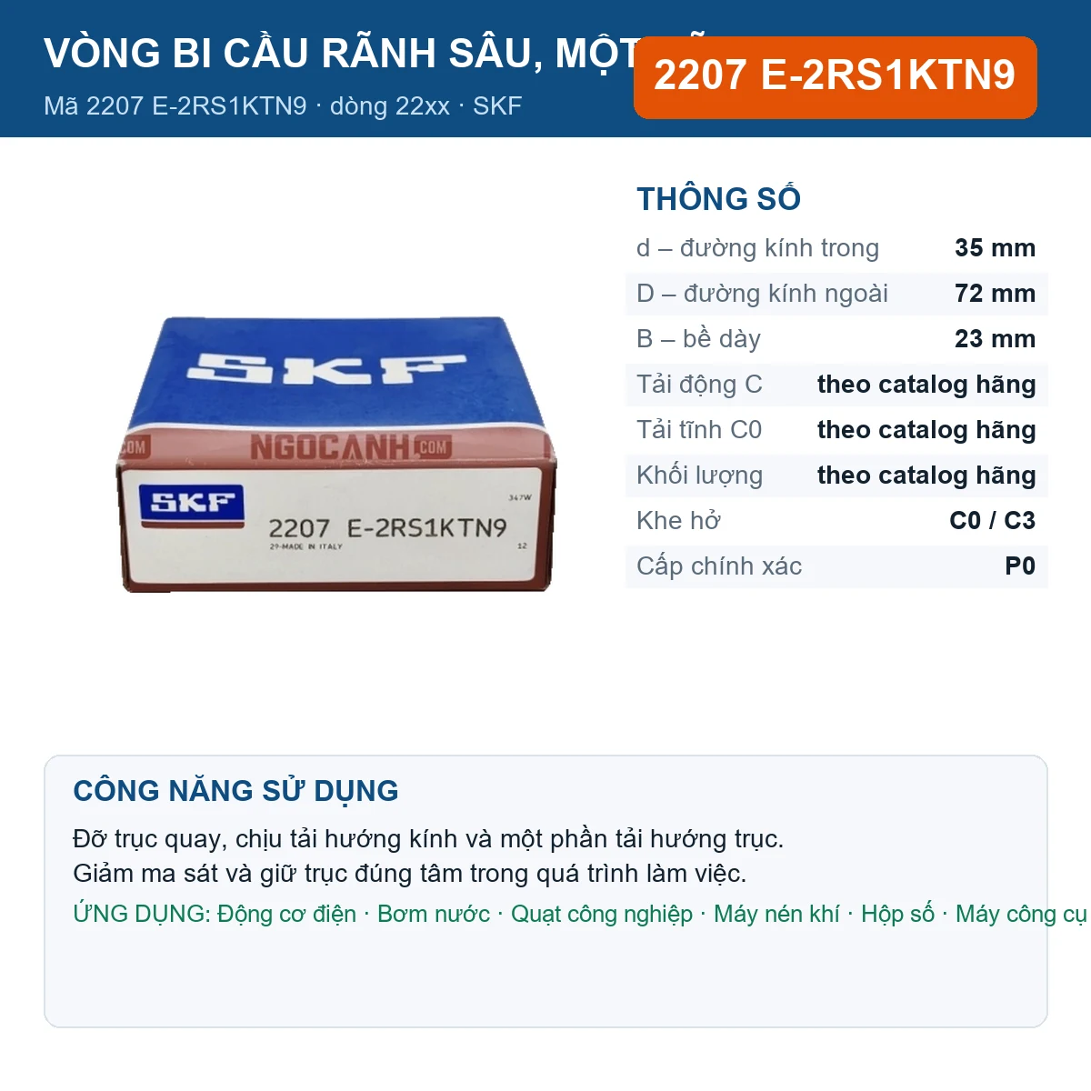 Vòng bi SKF 2207 E-2RS1KTN9 — kích thước 35x72x23mm