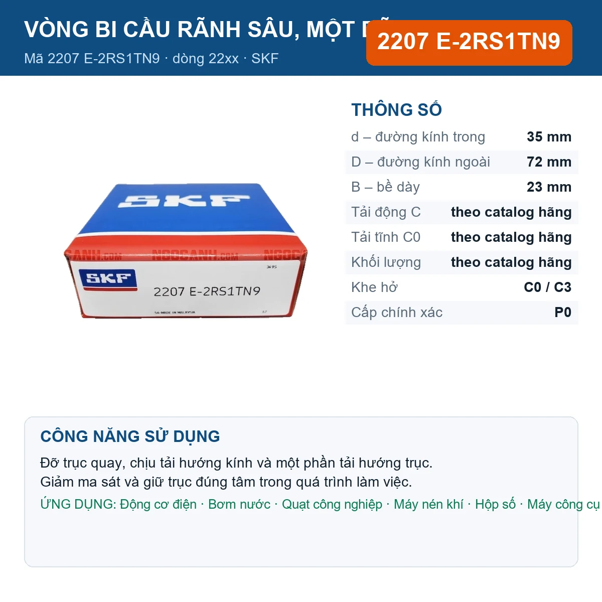 Vòng bi SKF 2207 E-2RS1TN9 — kích thước 35x72x23mm
