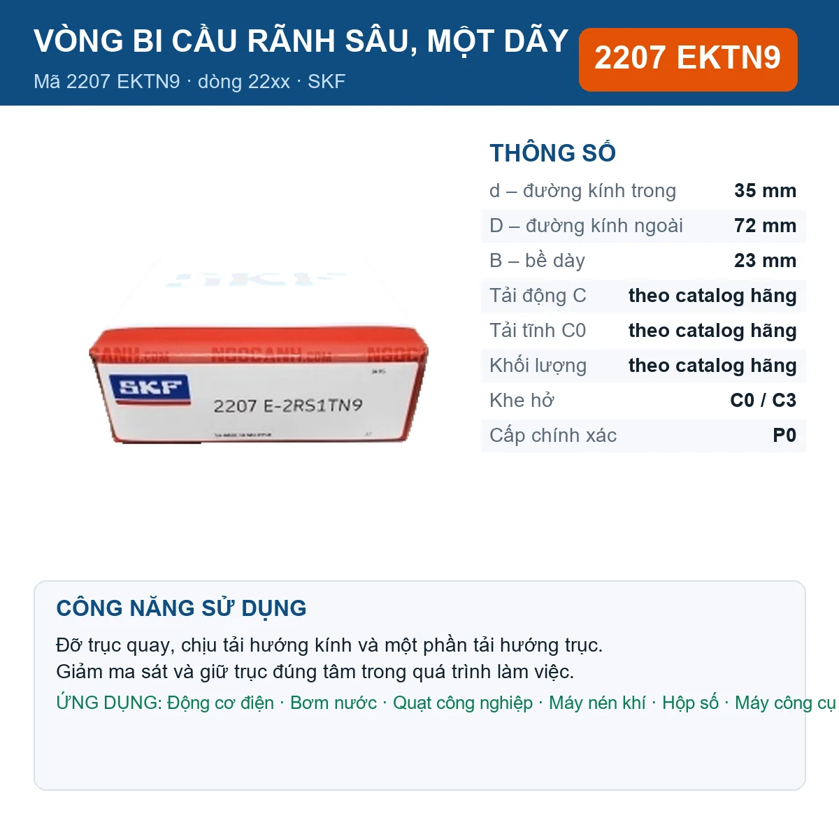 Vòng bi SKF 2207 EKTN9 — kích thước 35x72x23mm