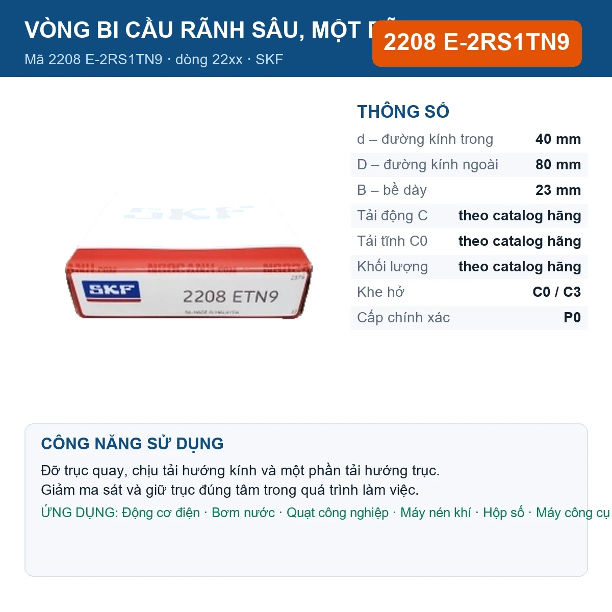 Vòng bi SKF 2208 E-2RS1TN9 — kích thước 40x80x23mm