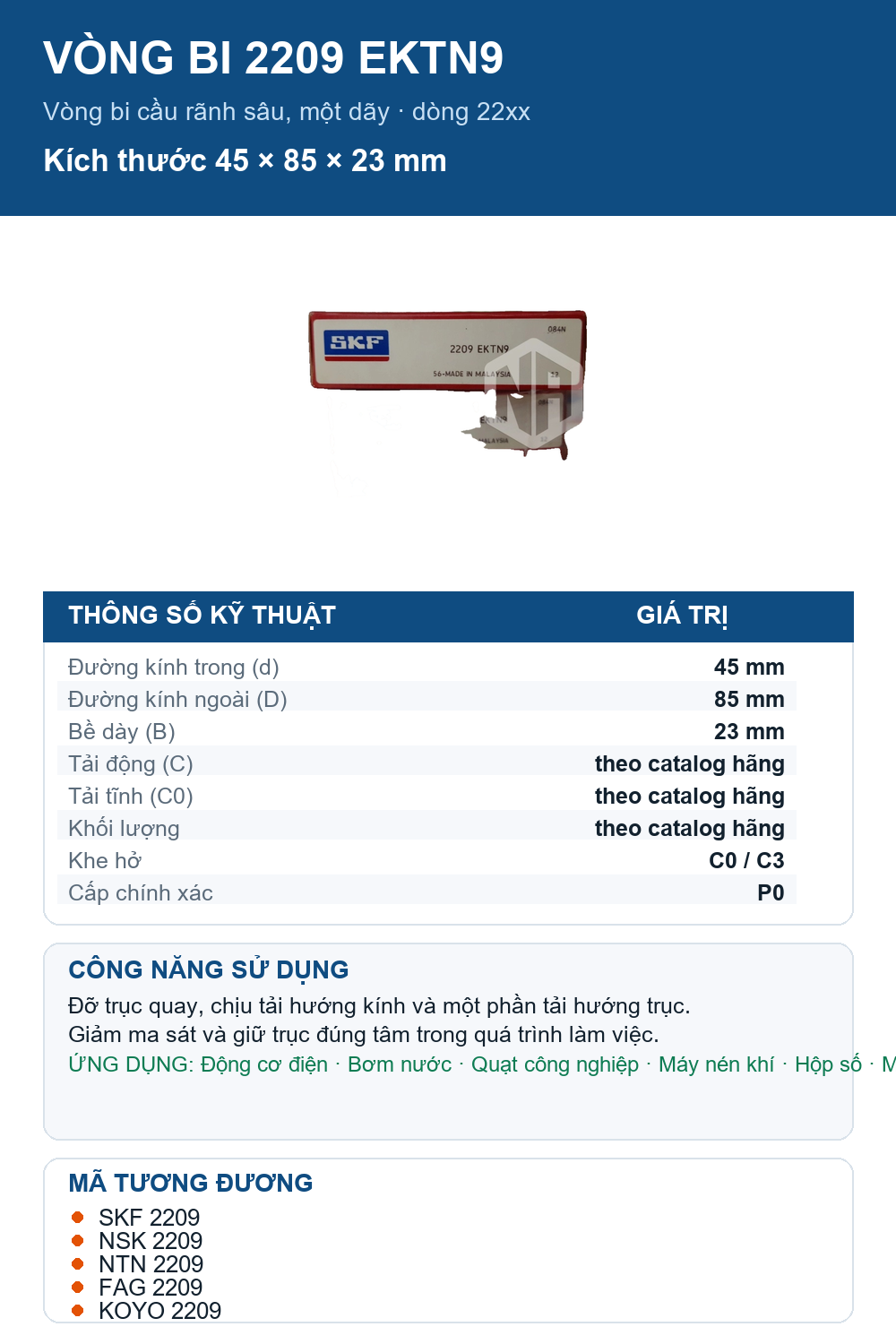Vòng bi SKF 2209 EKTN9 45x85x23mm — Ảnh thông số (Pinterest)