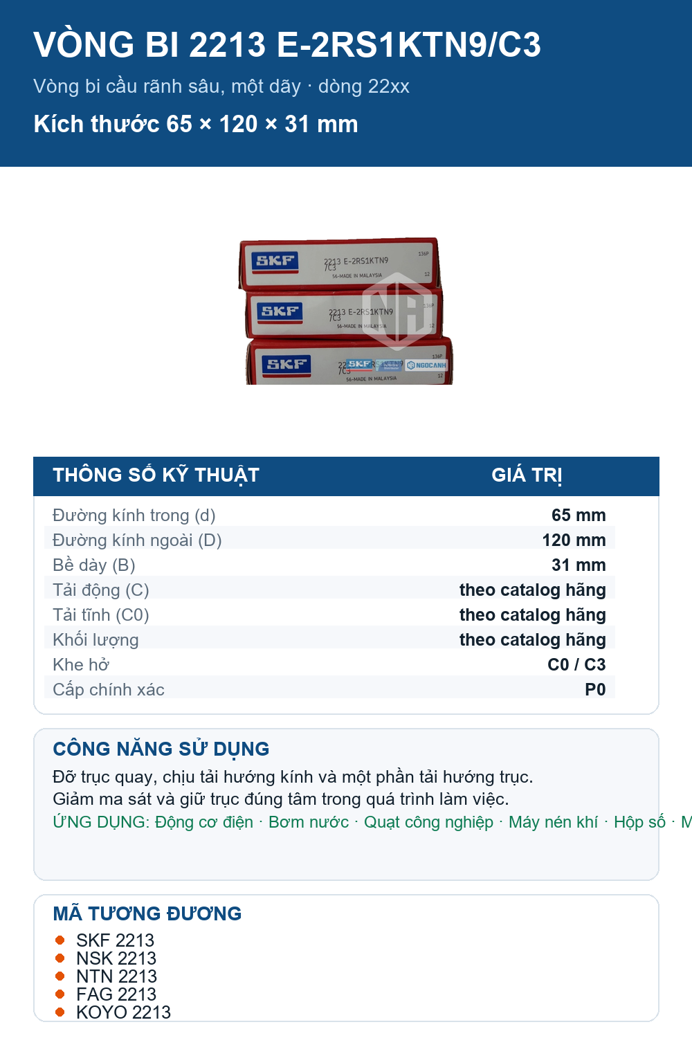 Vòng bi SKF 2213 E-2RS1KTN9/C3 65x120x31mm — Ảnh thông số (Pinterest)