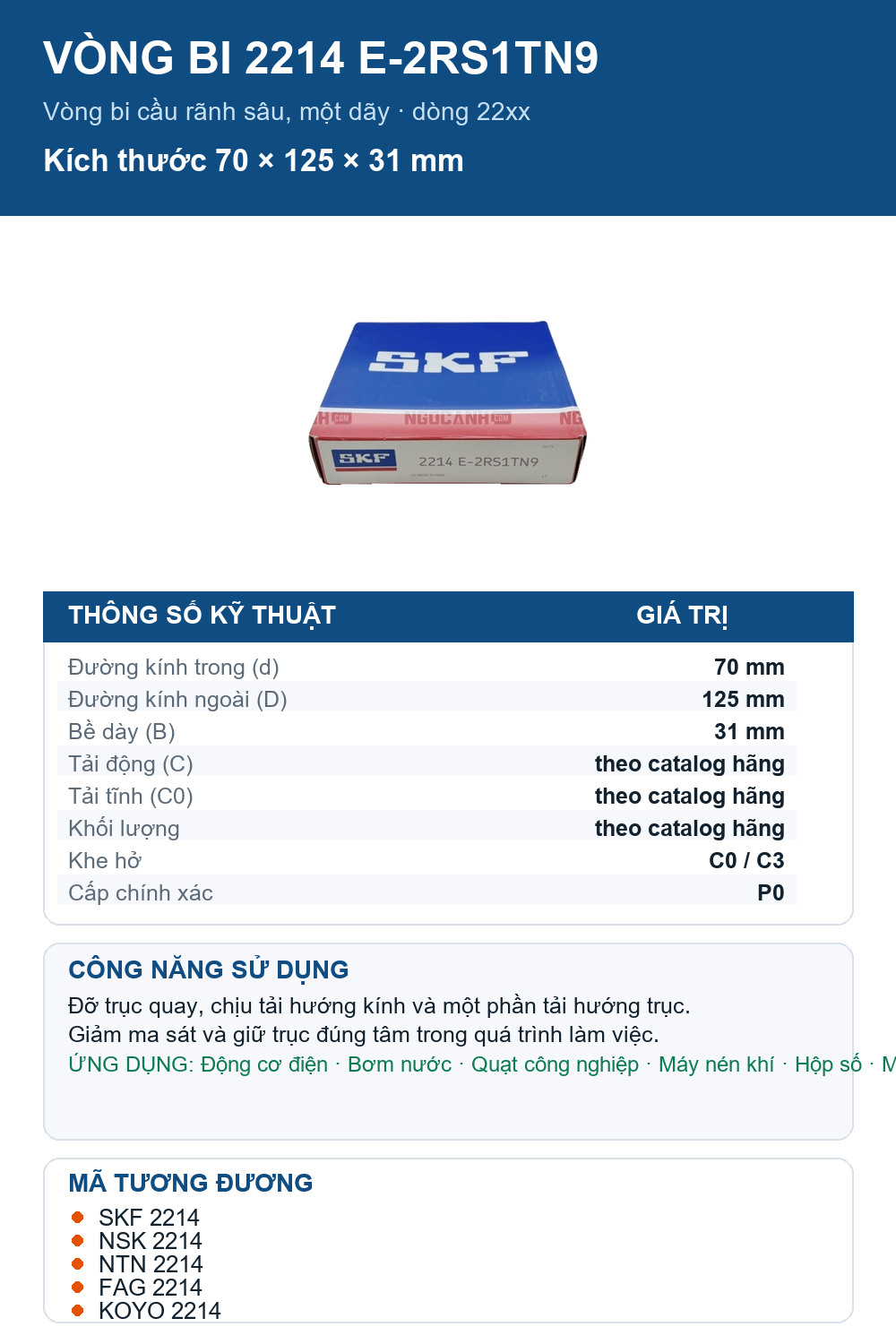 Vòng bi SKF 2214 E-2RS1TN9 70x125x31mm — Ảnh thông số (Pinterest)