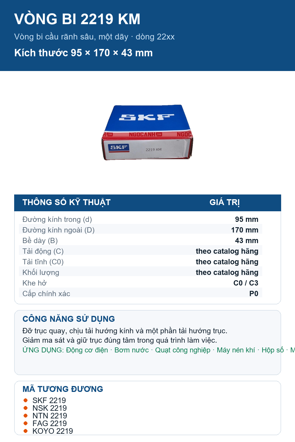 Vòng bi SKF 2219 KM 95x170x43mm — Ảnh thông số (Pinterest)