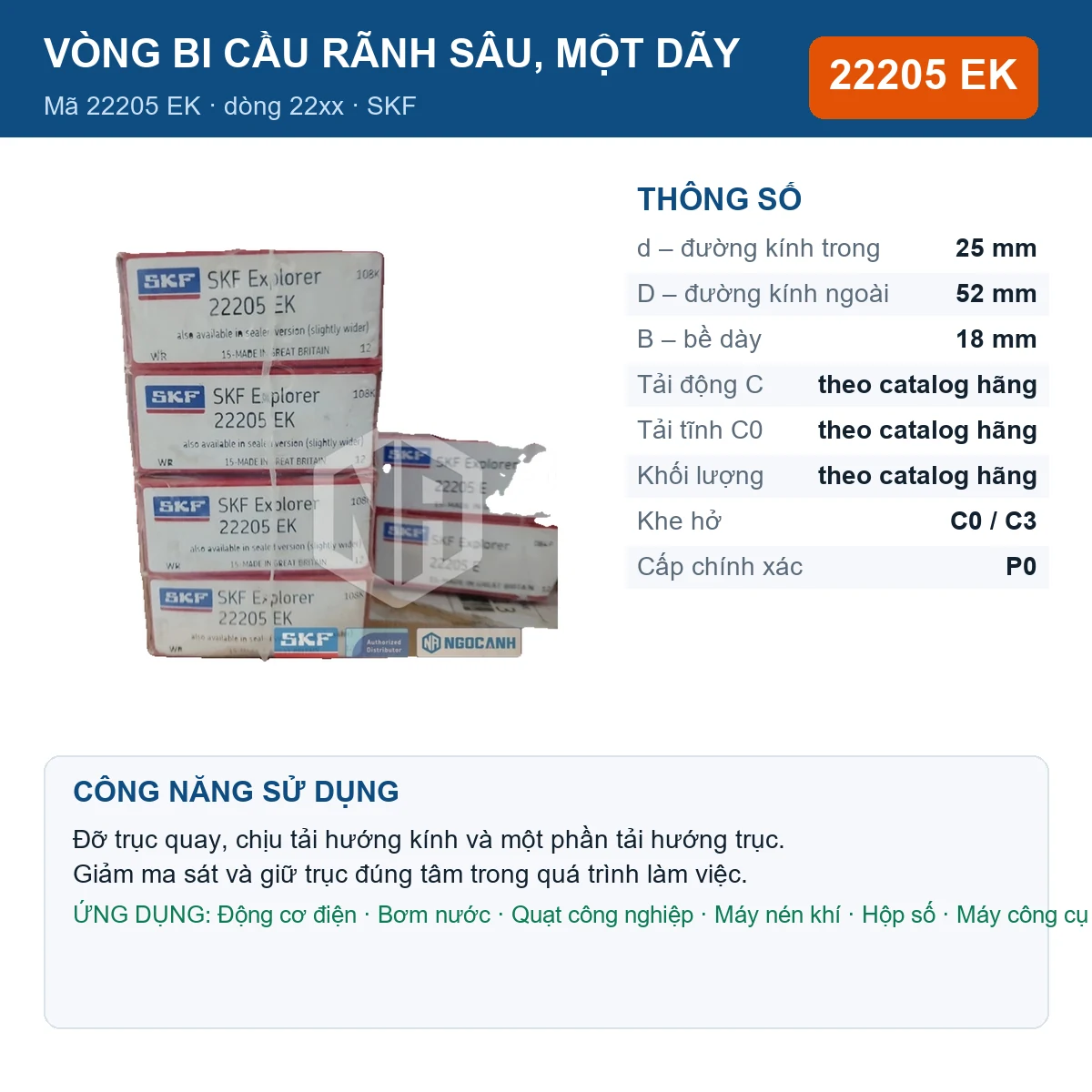 Vòng bi SKF 22205 EK — kích thước 25x52x18mm