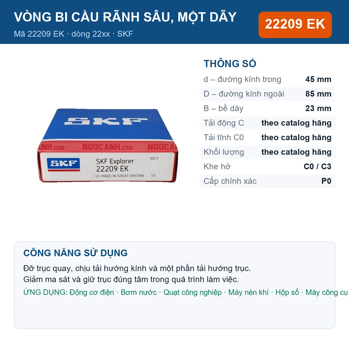Vòng bi SKF 22209 EK — kích thước 45x85x23mm