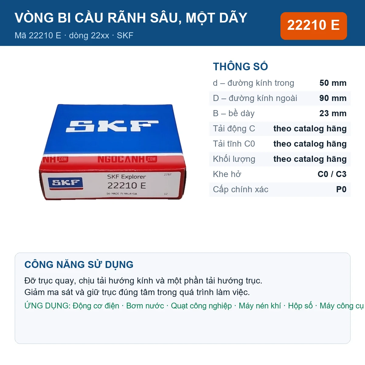 Vòng bi SKF 22210 E — kích thước 50x90x23mm