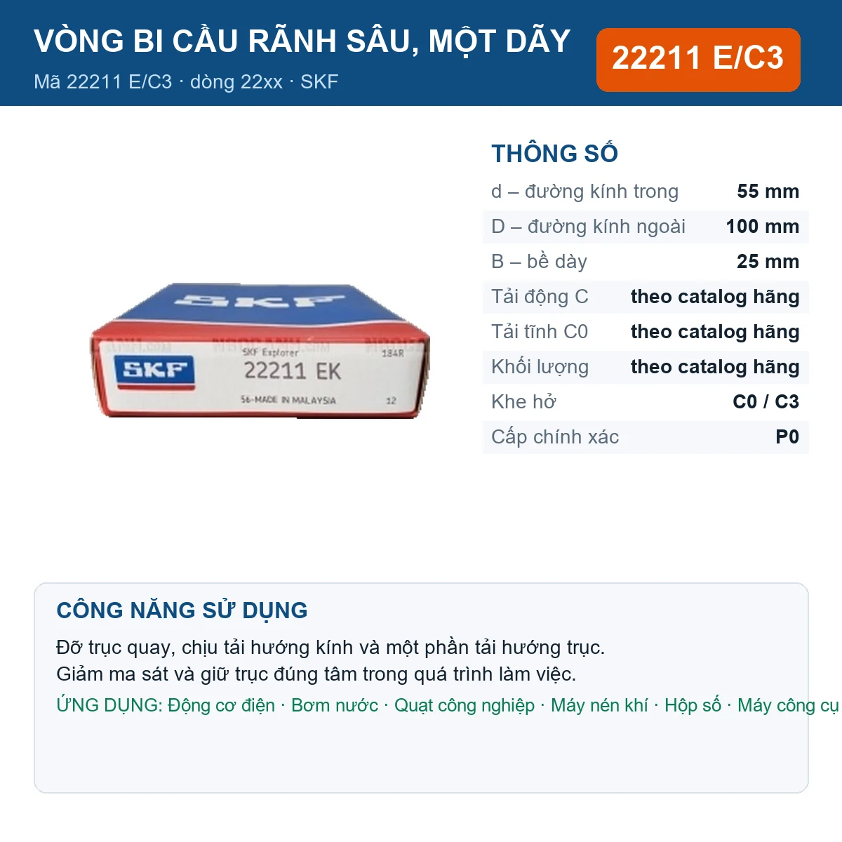 Vòng bi SKF 22211 E/C3 — kích thước 55x100x25mm