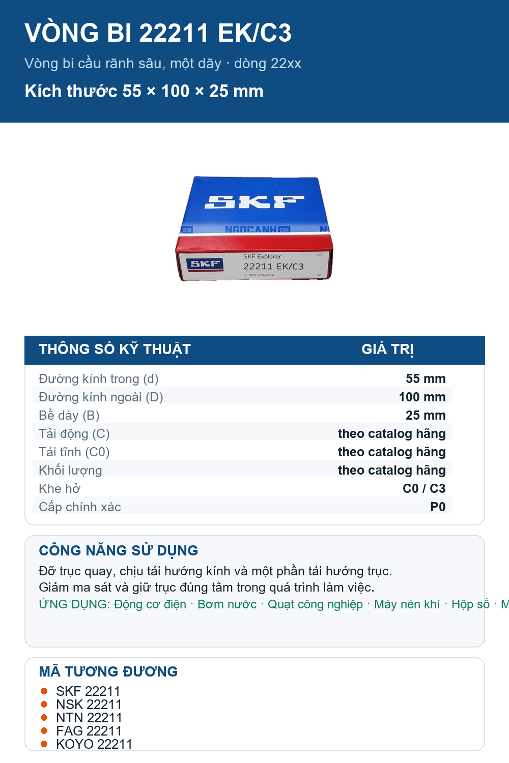 Vòng bi SKF 22211 EK/C3 55x100x25mm — Ảnh thông số (Pinterest)
