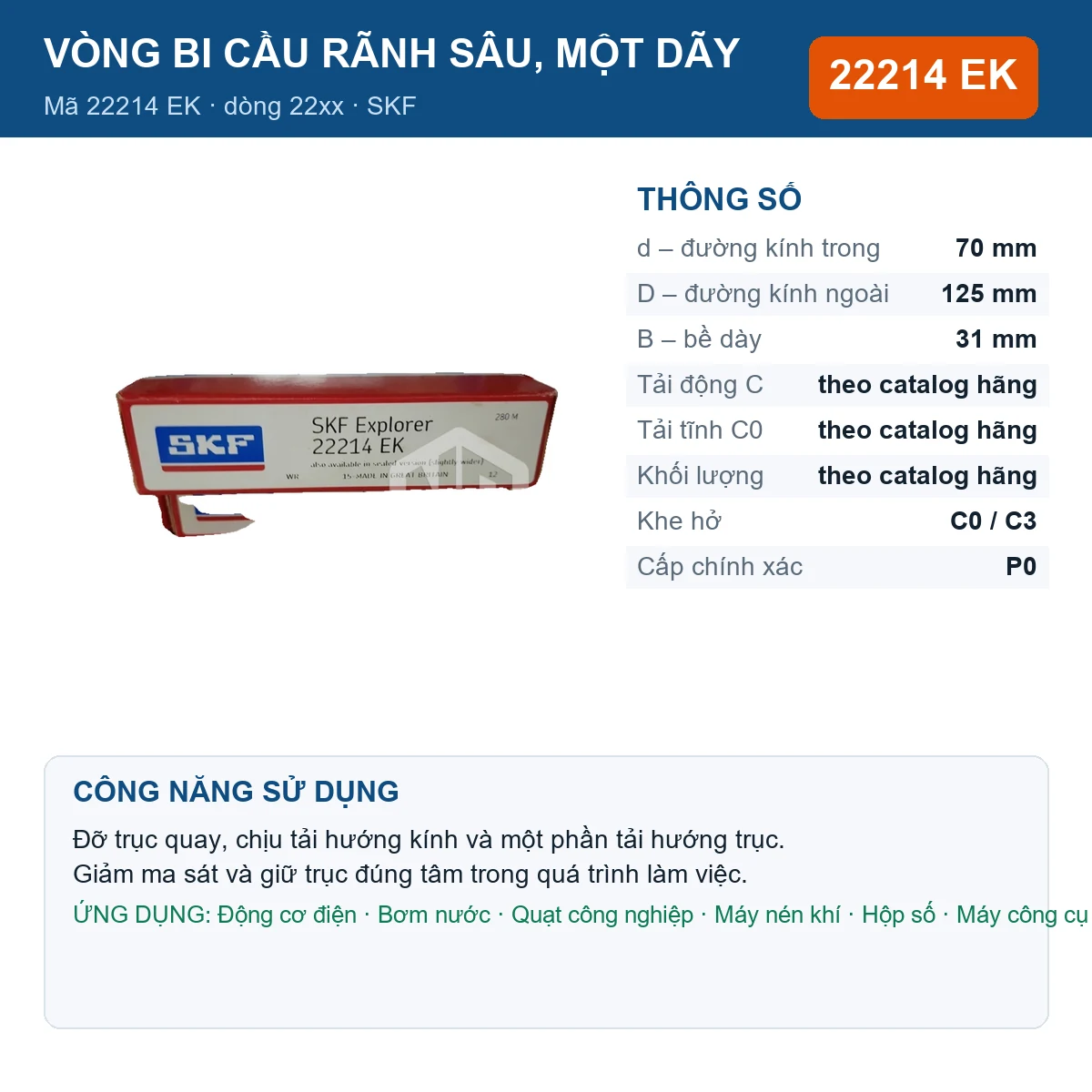 Vòng bi SKF 22214 EK — kích thước 70x125x31mm