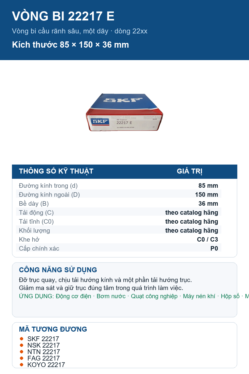 Vòng bi SKF 22217 E 85x150x36mm — Ảnh thông số (Pinterest)