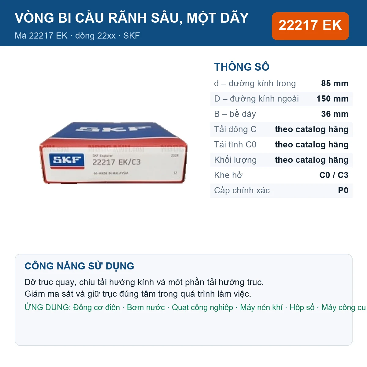 Vòng bi SKF 22217 EK — kích thước 85x150x36mm