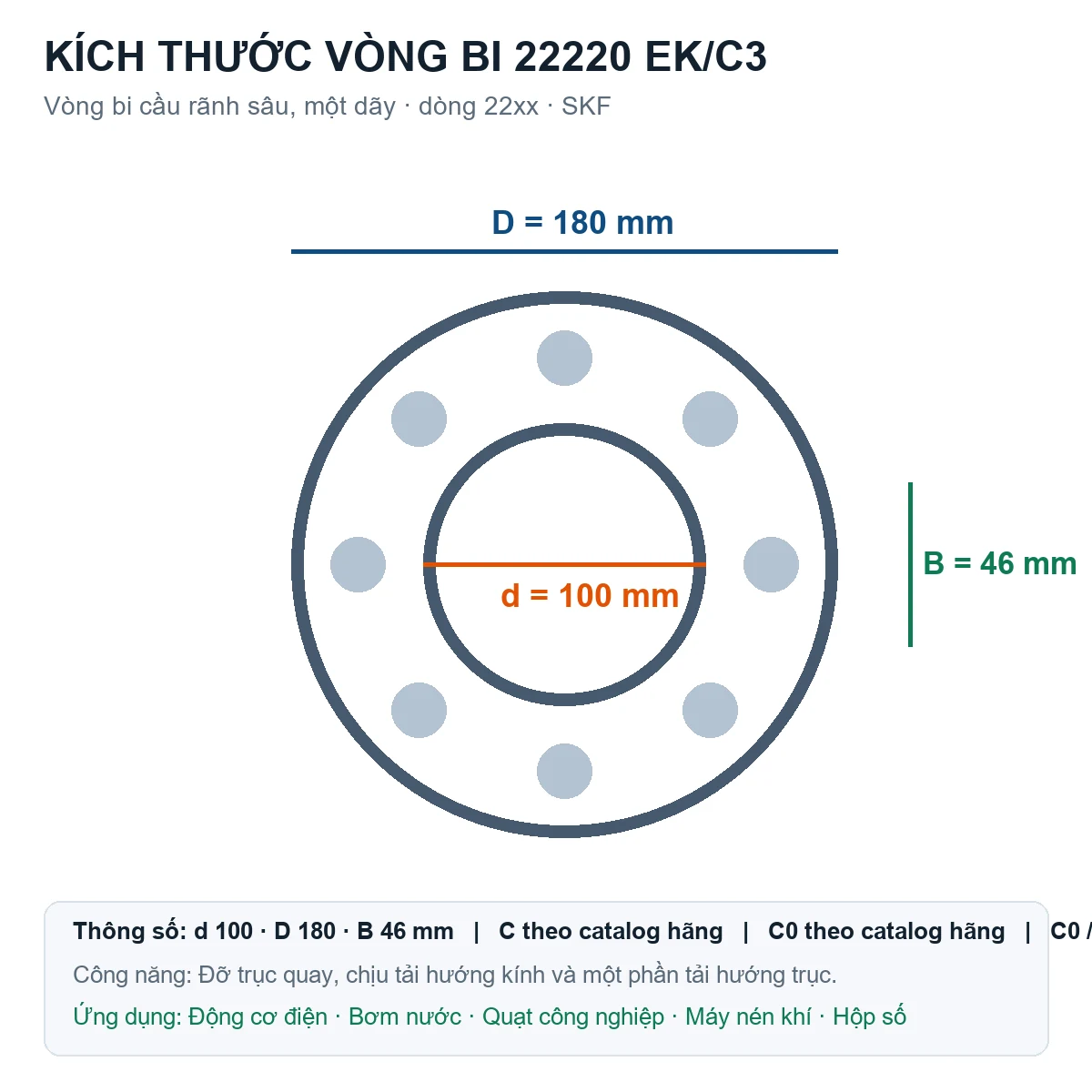 Vòng bi SKF 22220 EK/C3 100x180x46mm — Bản vẽ kích thước (Google Images)
