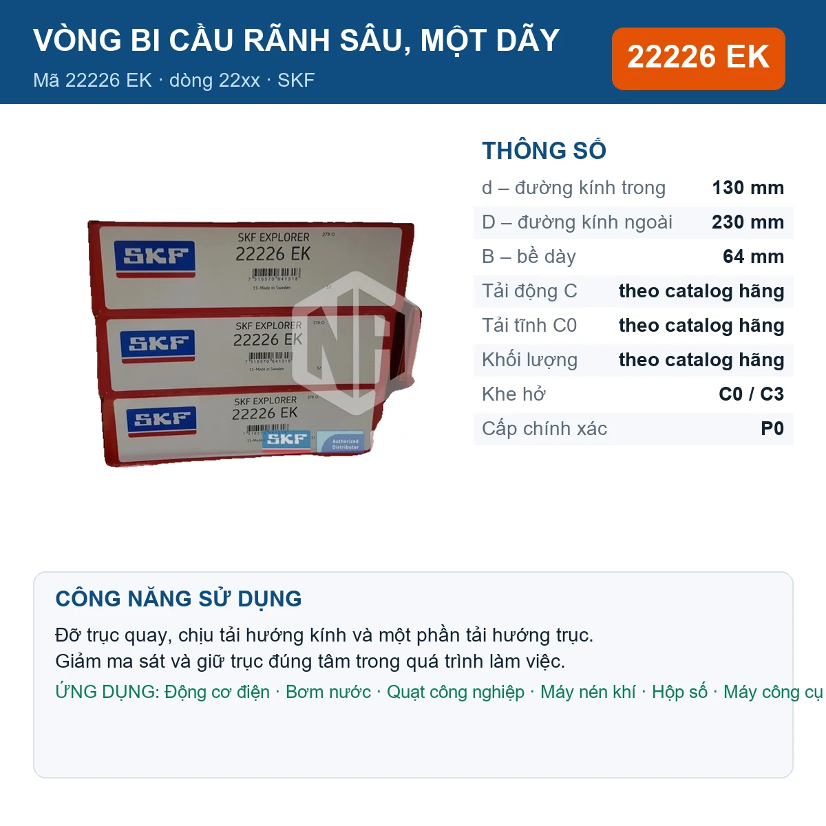Vòng bi SKF 22226 EK — kích thước 130x230x64mm