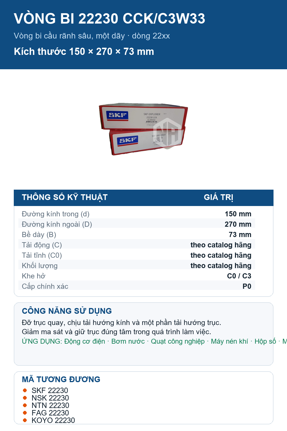 Vòng bi SKF 22230 CCK/C3W33 150x270x73mm — Ảnh thông số (Pinterest)