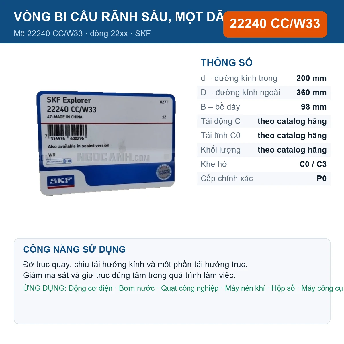 Vòng bi SKF 22240 CC/W33 — kích thước 200x360x98mm