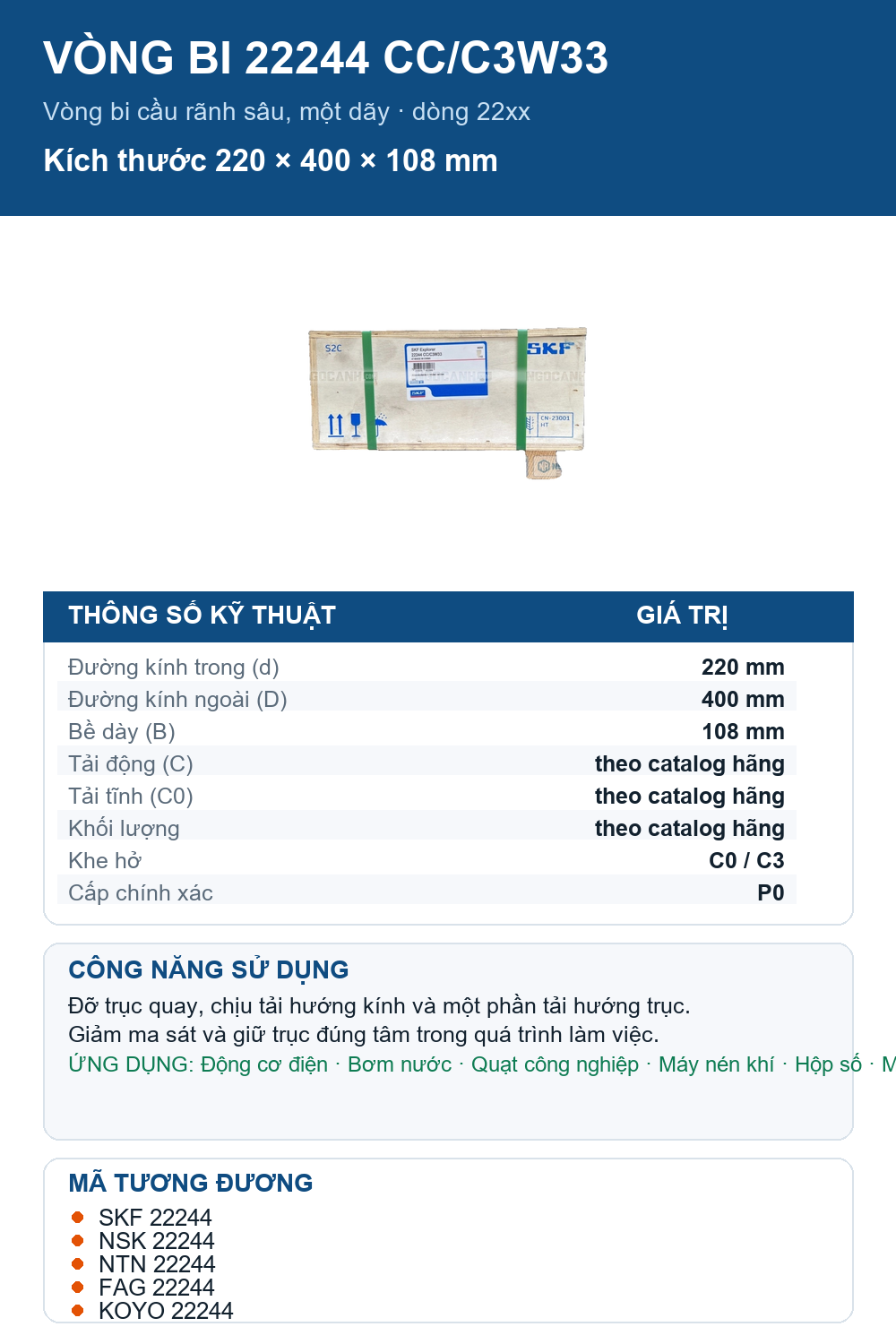 Vòng bi SKF 22244 CC/C3W33 220x400x108mm — Ảnh thông số (Pinterest)