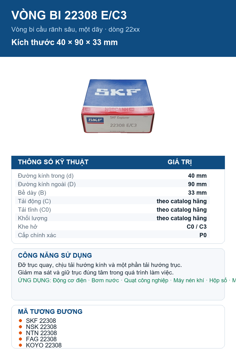 Vòng bi SKF 22308 E/C3 40x90x33mm — Ảnh thông số (Pinterest)