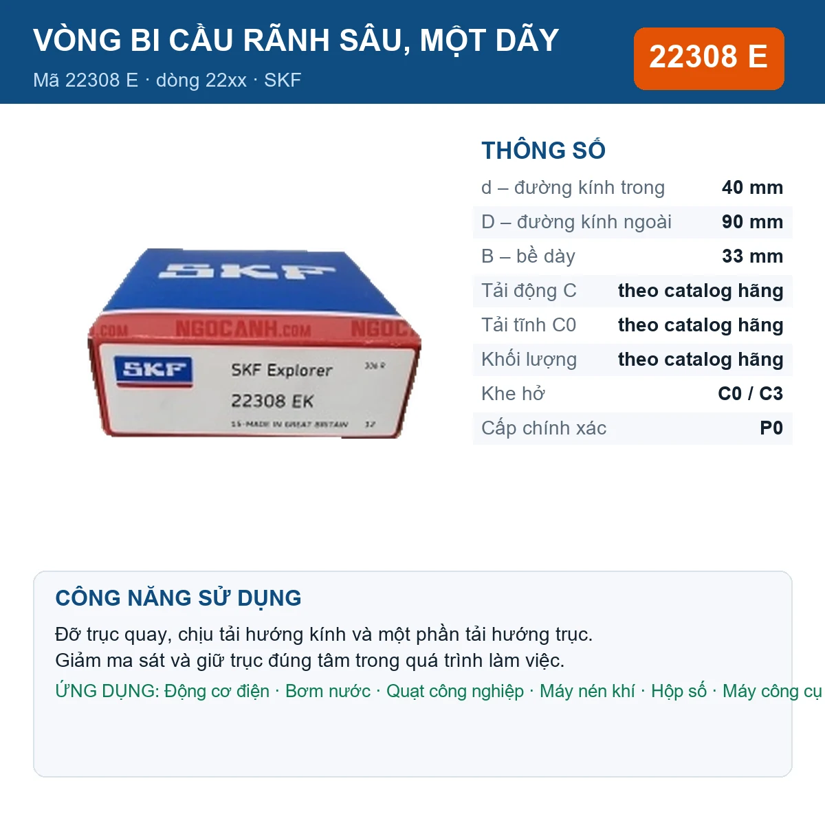 Vòng bi SKF 22308 E — kích thước 40x90x33mm