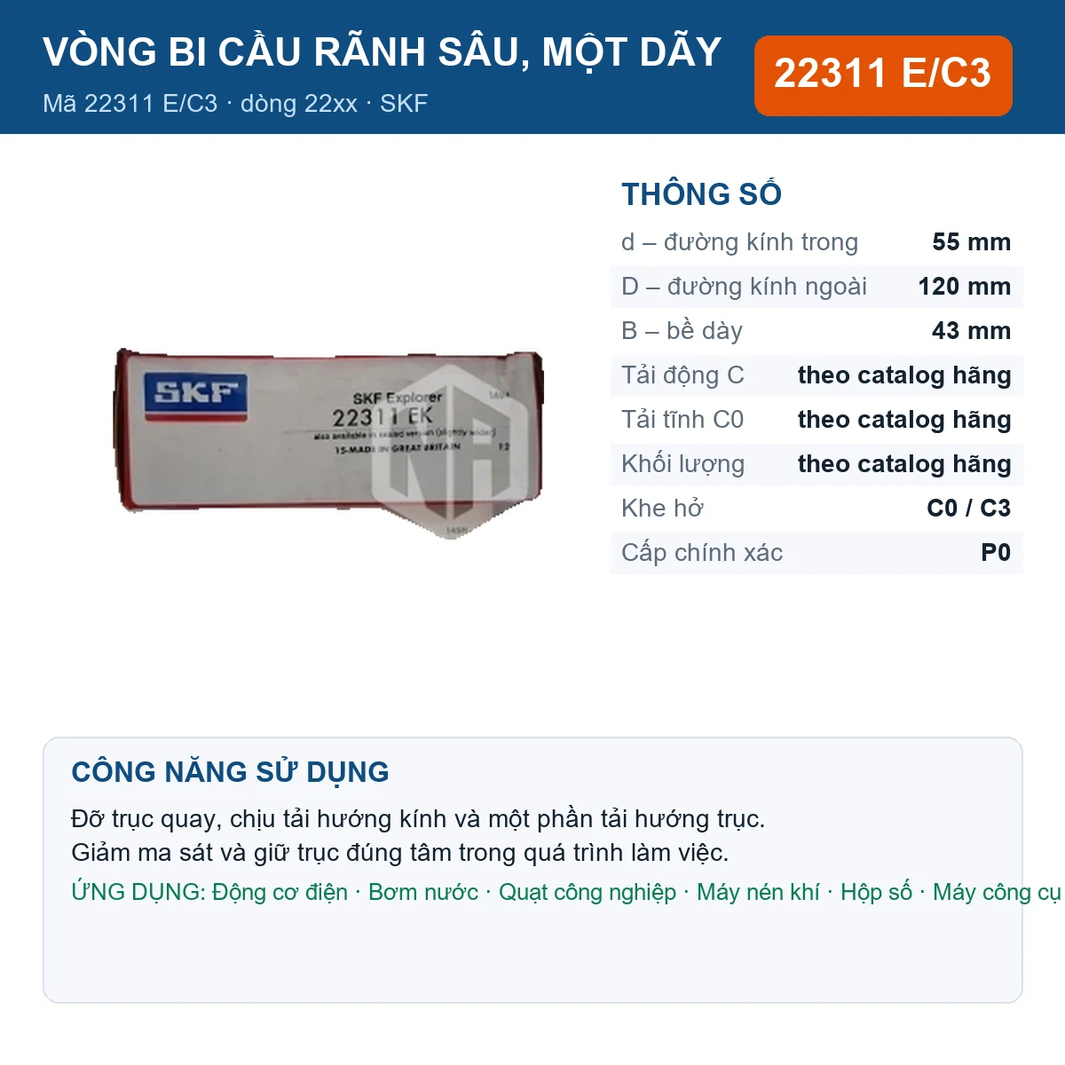 Vòng bi SKF 22311 E/C3 — kích thước 55x120x43mm
