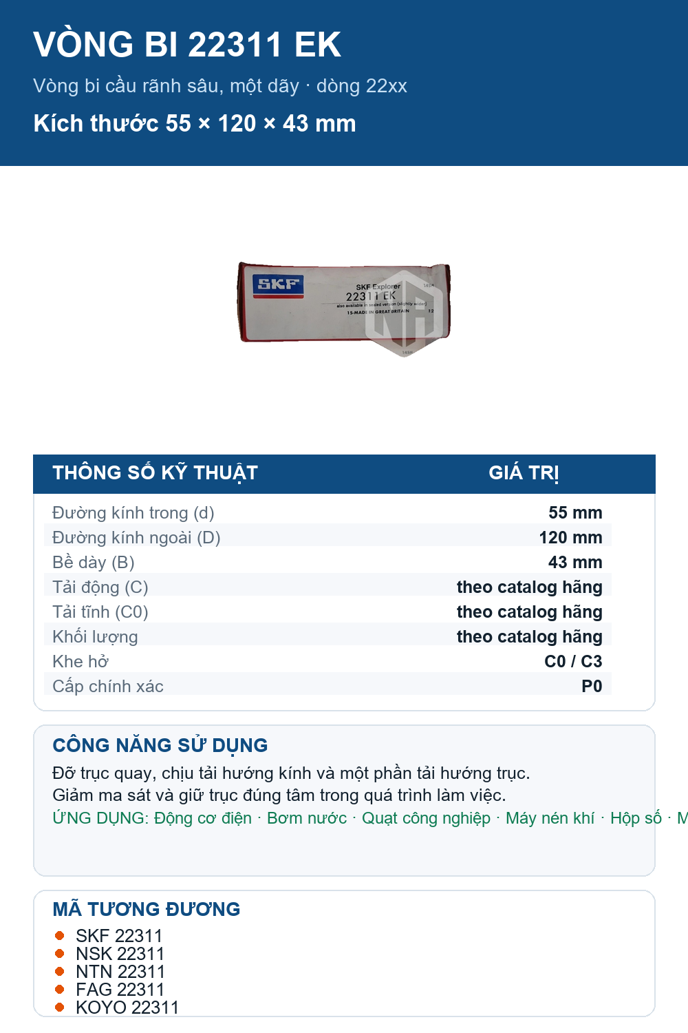 Vòng bi SKF 22311 EK 55x120x43mm — Ảnh thông số (Pinterest)