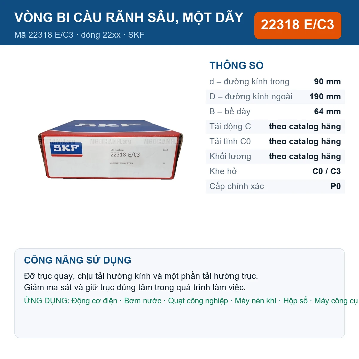 Vòng bi SKF 22318 E/C3 — kích thước 90x190x64mm