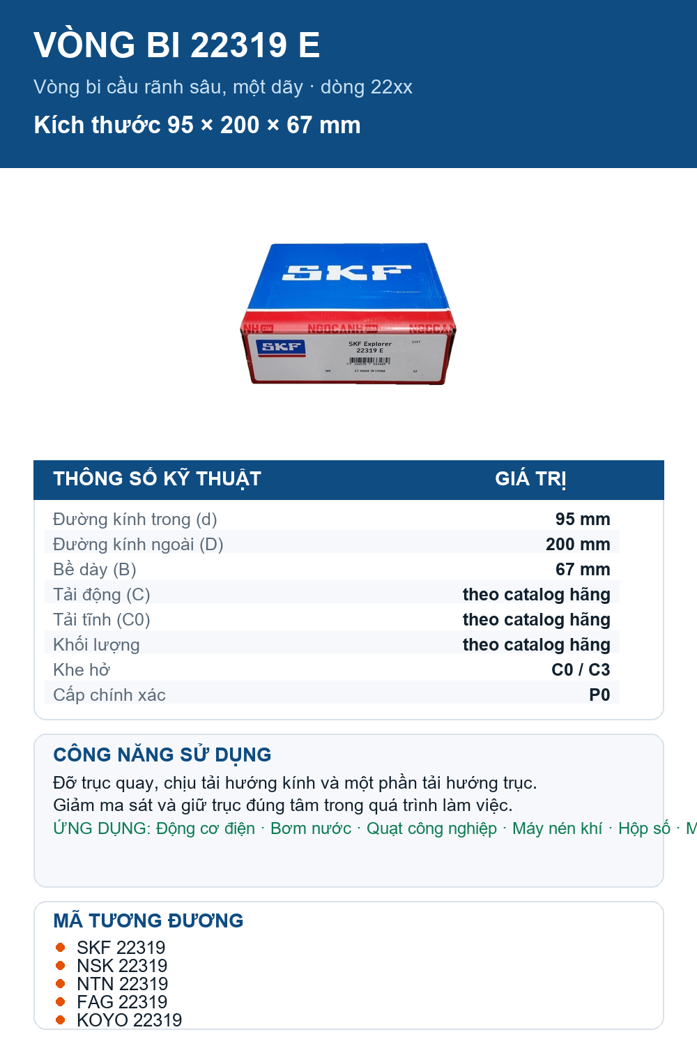 Vòng bi SKF 22319 E 95x200x67mm — Ảnh thông số (Pinterest)