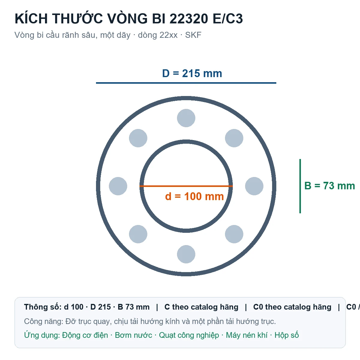 Vòng bi SKF 22320 E/C3 100x215x73mm — Bản vẽ kích thước (Google Images)