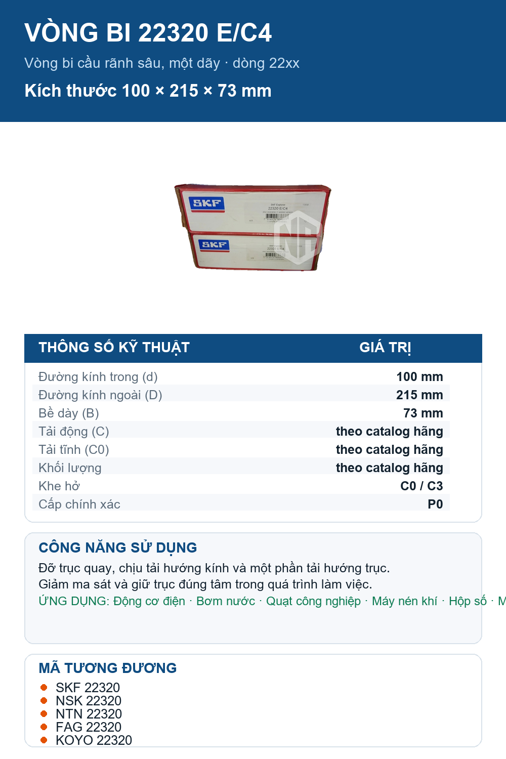 Vòng bi SKF 22320 E/C4 100x215x73mm — Ảnh thông số (Pinterest)