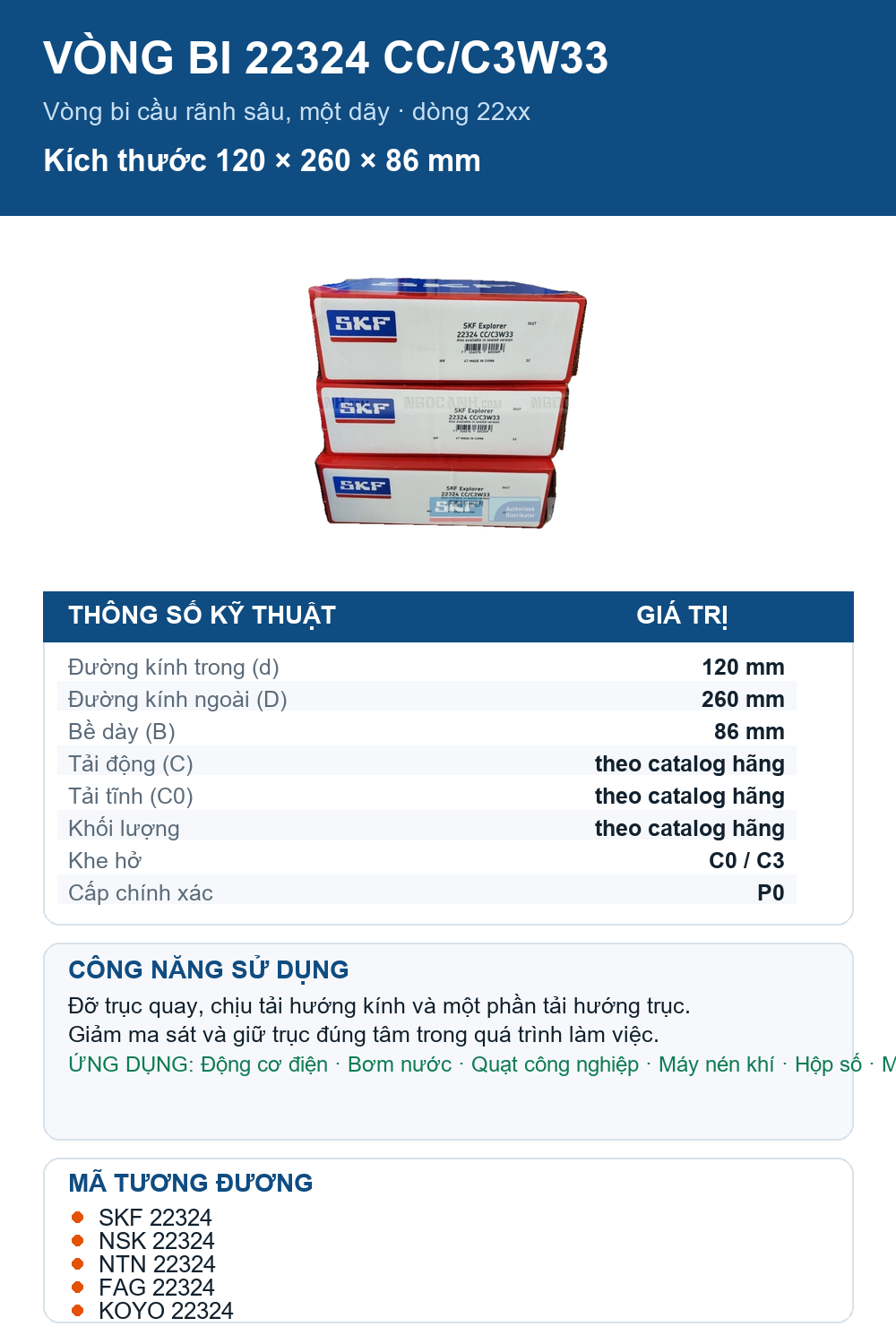 Vòng bi SKF 22324 CC/C3W33 120x260x86mm — Ảnh thông số (Pinterest)