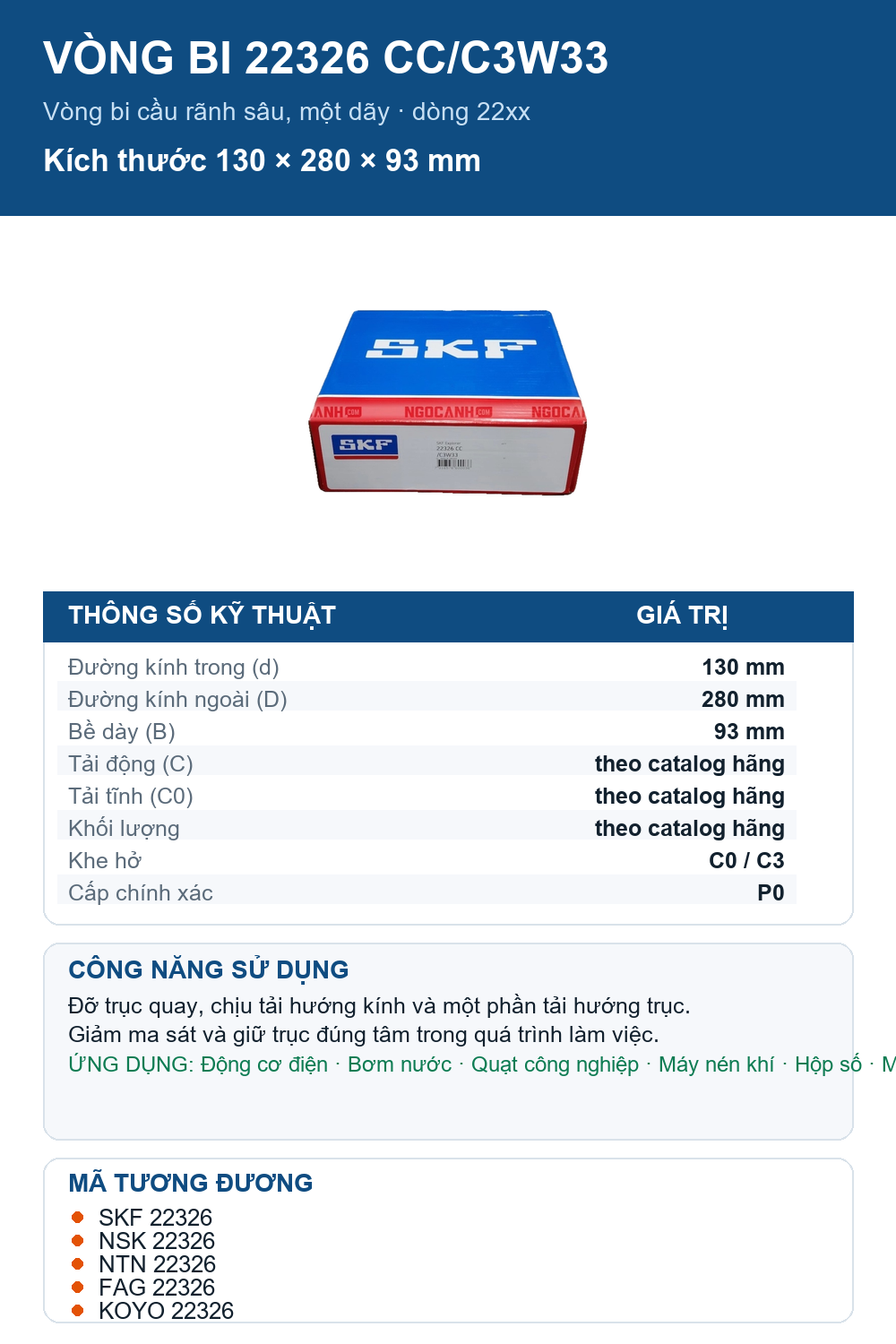 Vòng bi SKF 22326 CC/C3W33 130x280x93mm — Ảnh thông số (Pinterest)
