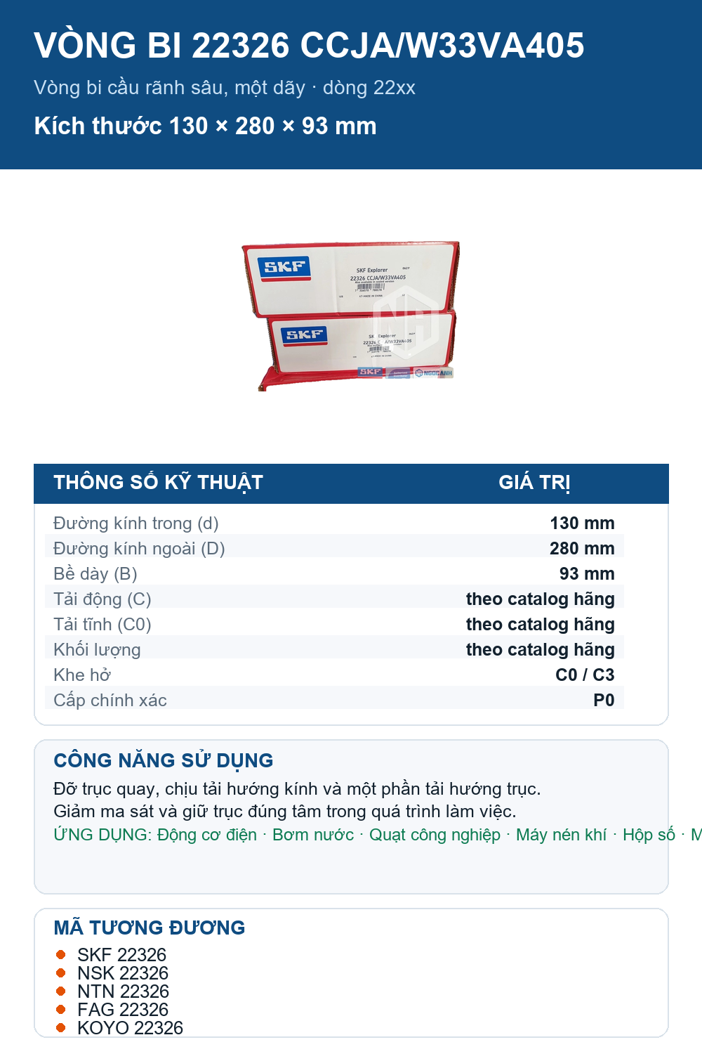 Vòng bi SKF 22326 CCJA/W33VA405 130x280x93mm — Ảnh thông số (Pinterest)