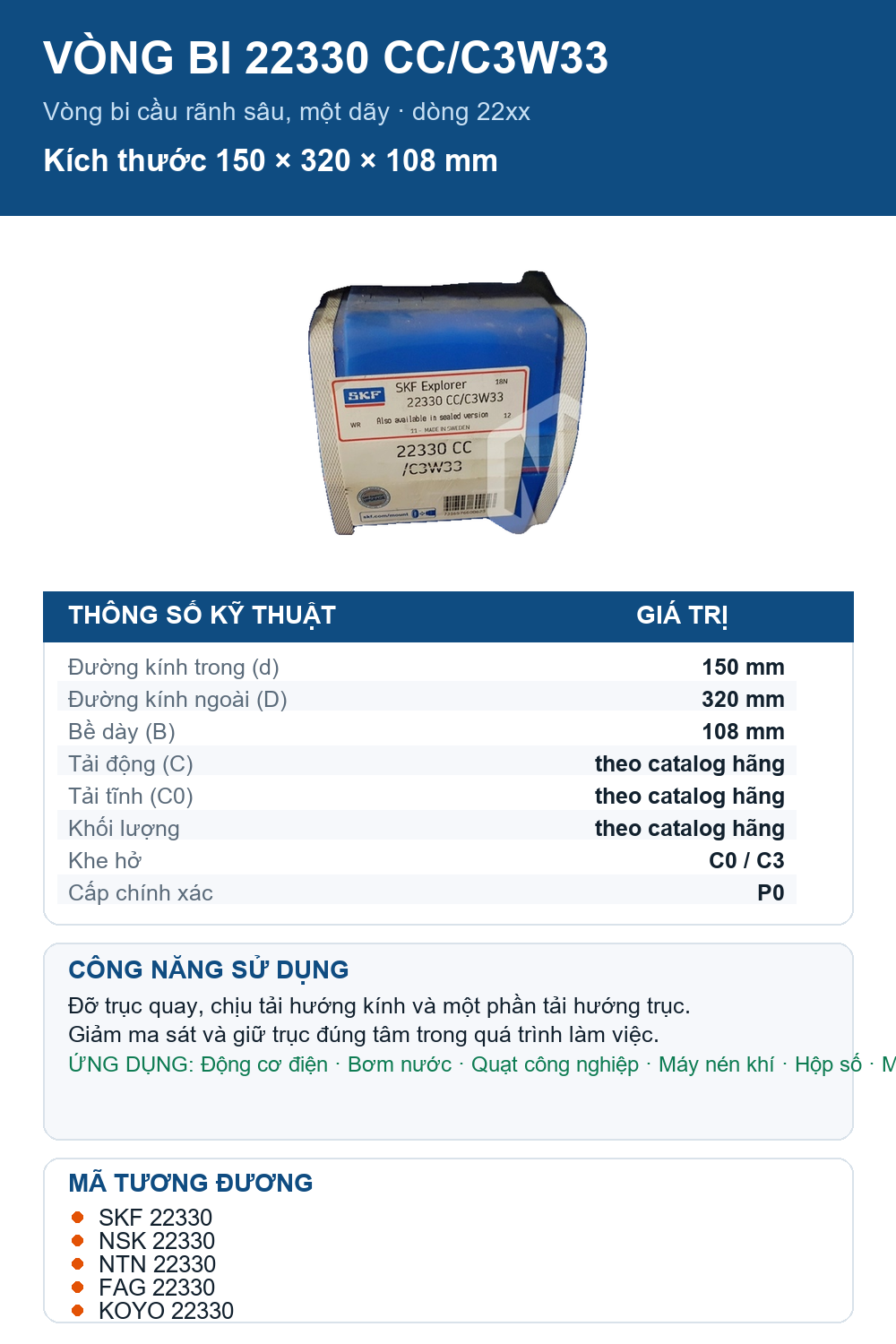 Vòng bi SKF 22330 CC/C3W33 150x320x108mm — Ảnh thông số (Pinterest)