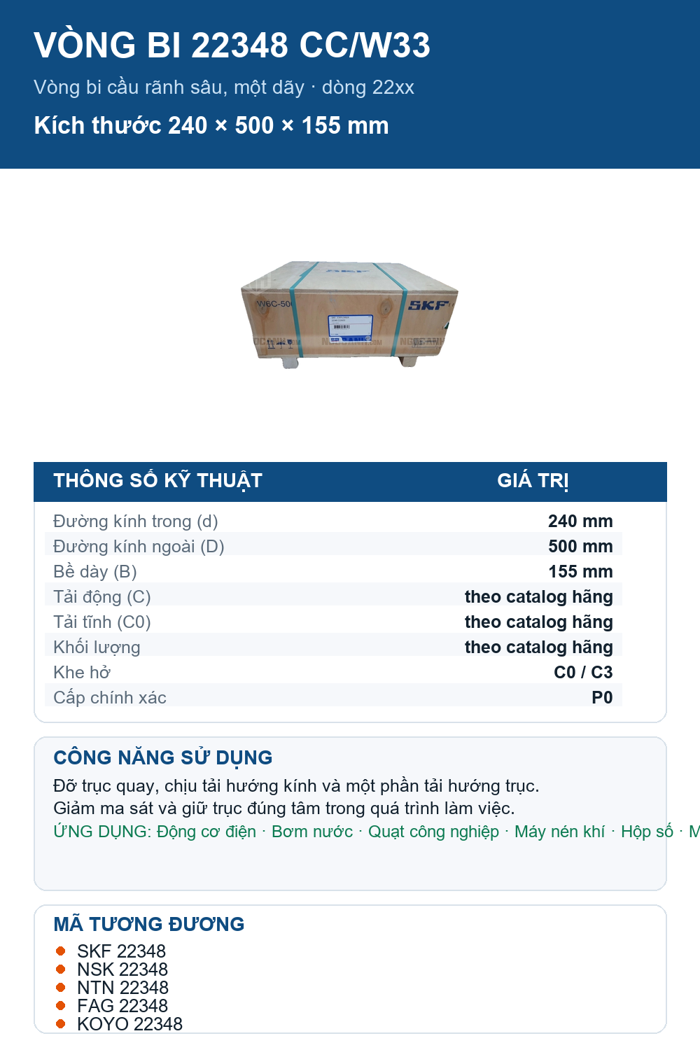 Vòng bi SKF 22348 CC/W33 240x500x155mm — Ảnh thông số (Pinterest)