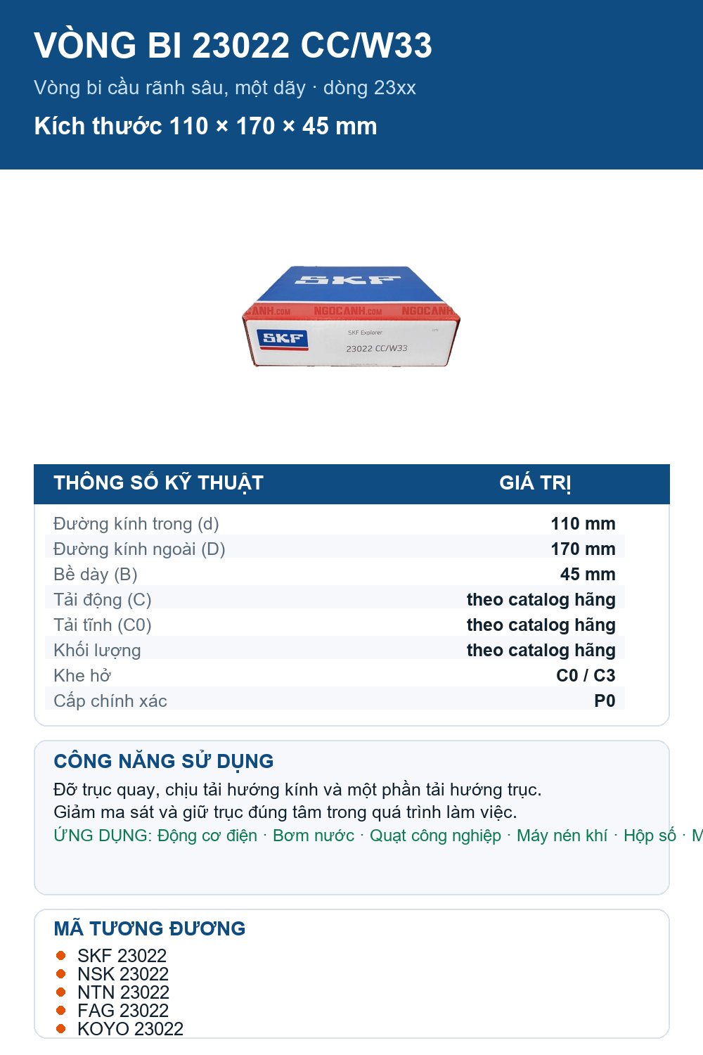 Vòng bi SKF 23022 CC/W33 110x170x45mm — Ảnh thông số (Pinterest)