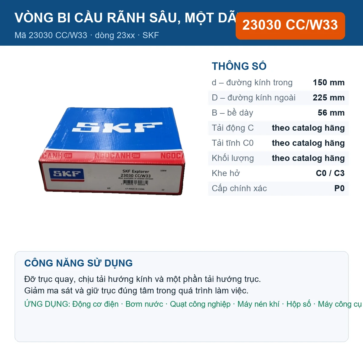 Vòng bi SKF 23030 CC/W33 — kích thước 150x225x56mm