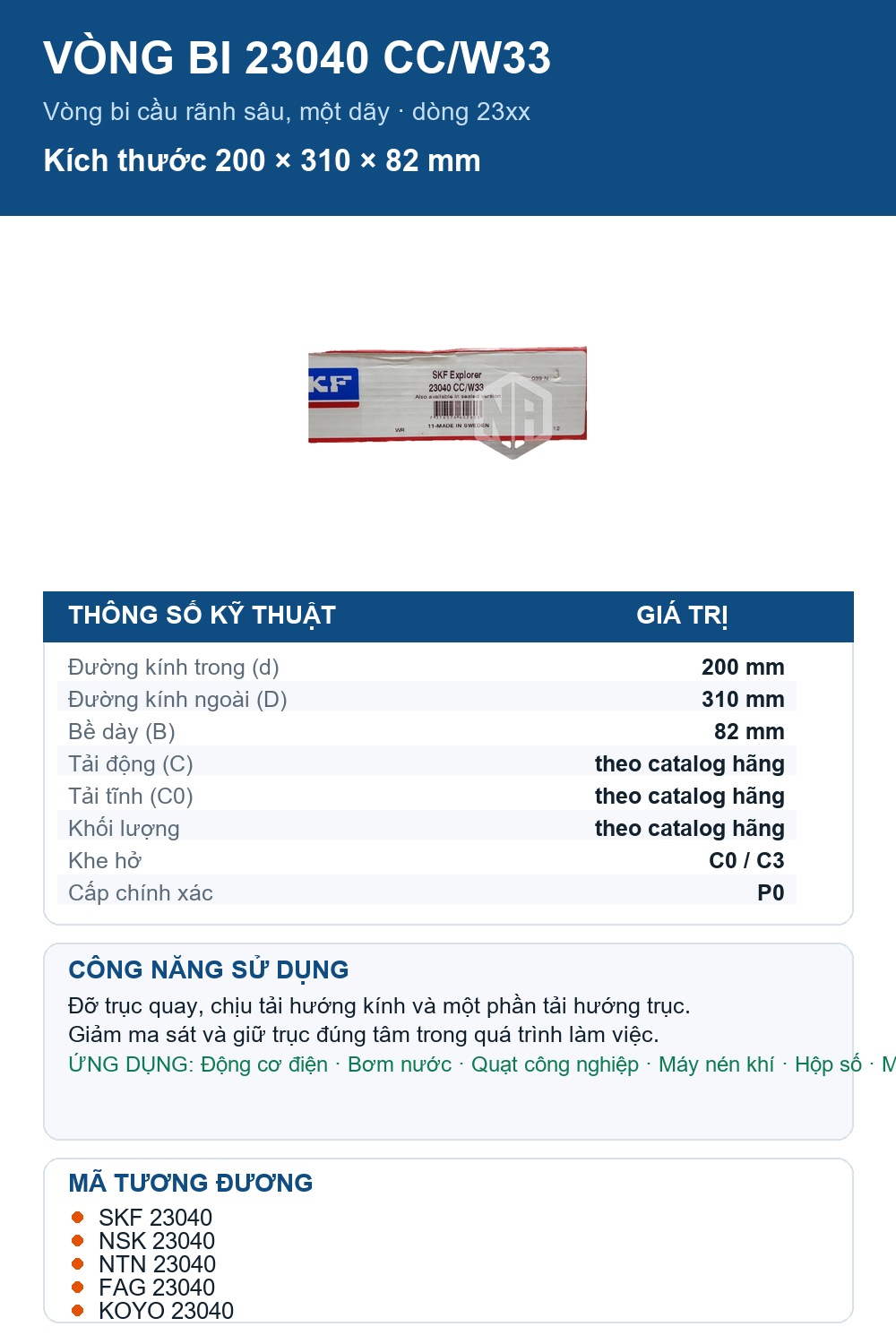 Vòng bi SKF 23040 CC/W33 200x310x82mm — Ảnh thông số (Pinterest)