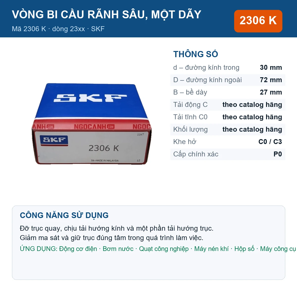 Vòng bi SKF 2306 K — kích thước 30x72x27mm