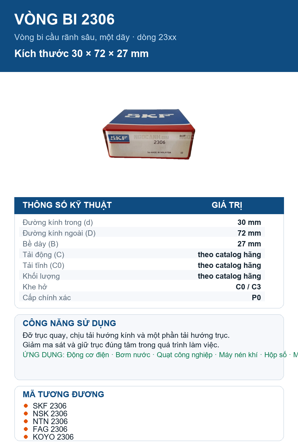 Vòng bi SKF 2306 30x72x27mm — Ảnh thông số (Pinterest)