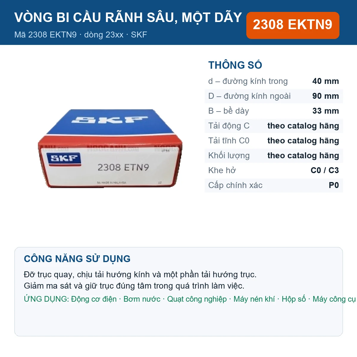 Vòng bi SKF 2308 EKTN9 — kích thước 40x90x33mm