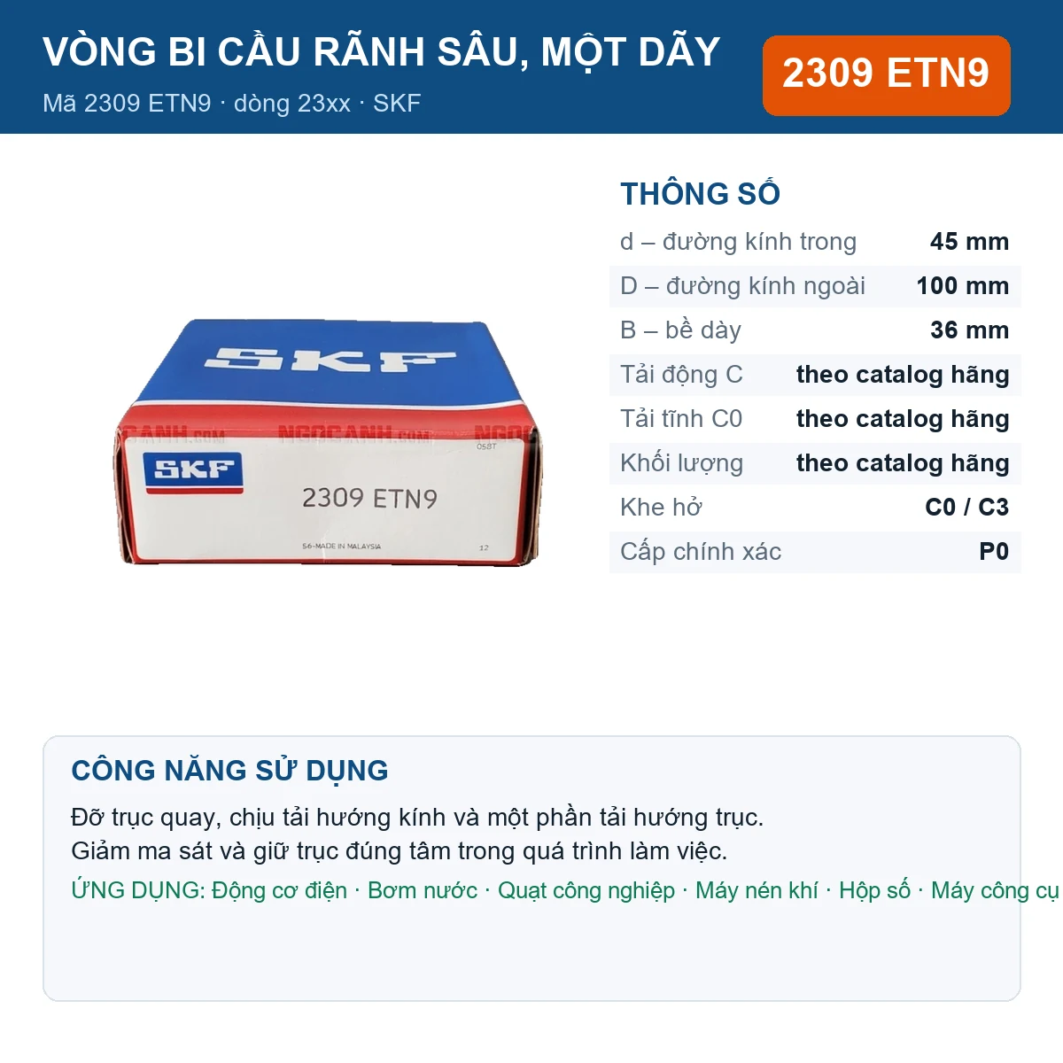 Vòng bi SKF 2309 ETN9 — kích thước 45x100x36mm