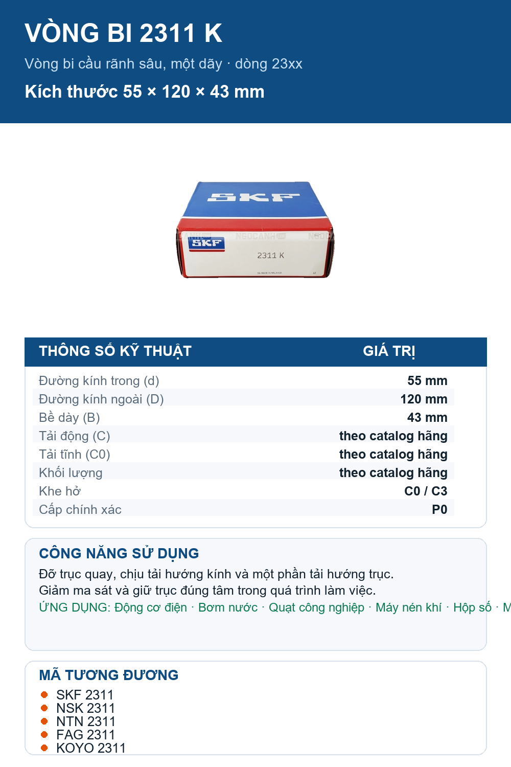 Vòng bi SKF 2311 K 55x120x43mm — Ảnh thông số (Pinterest)