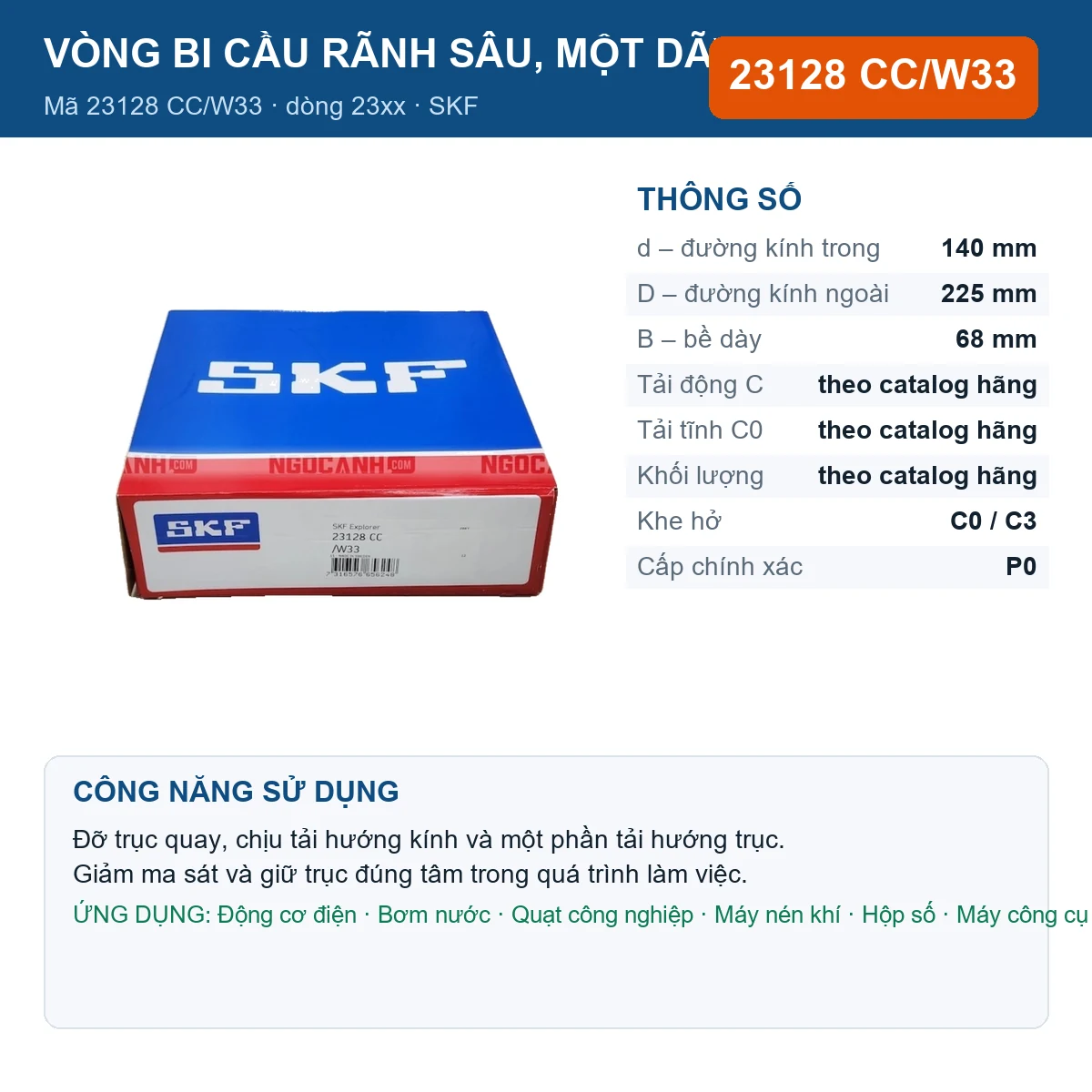 Vòng bi SKF 23128 CC/W33 — kích thước 140x225x68mm