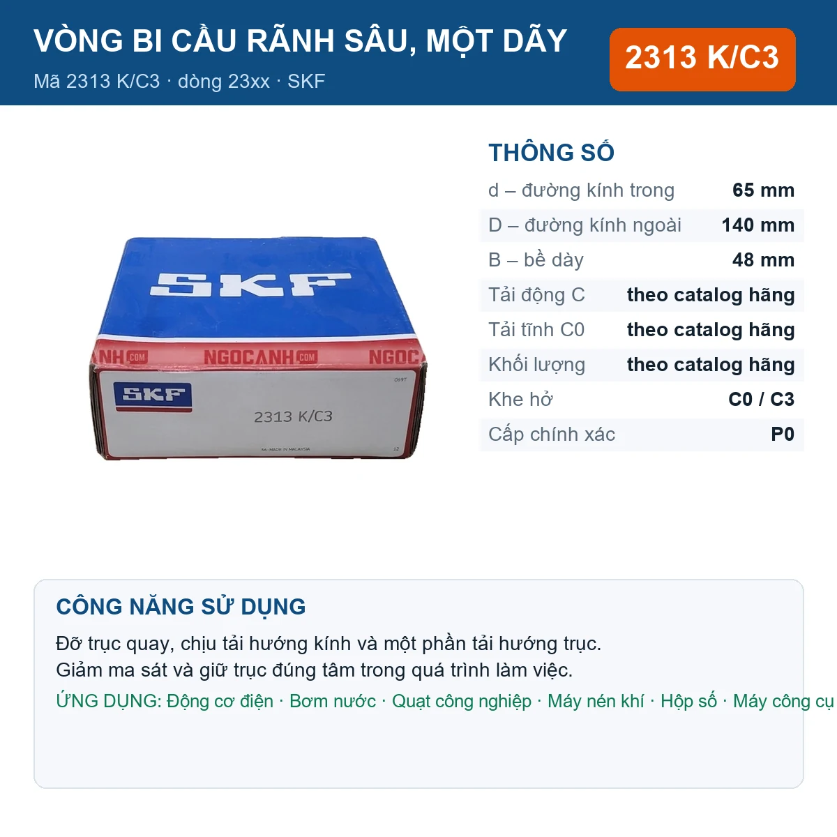 Vòng bi SKF 2313 K/C3 — kích thước 65x140x48mm