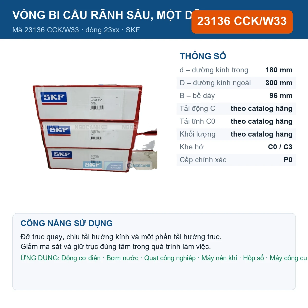 Vòng bi SKF 23136 CCK/W33 — kích thước 180x300x96mm