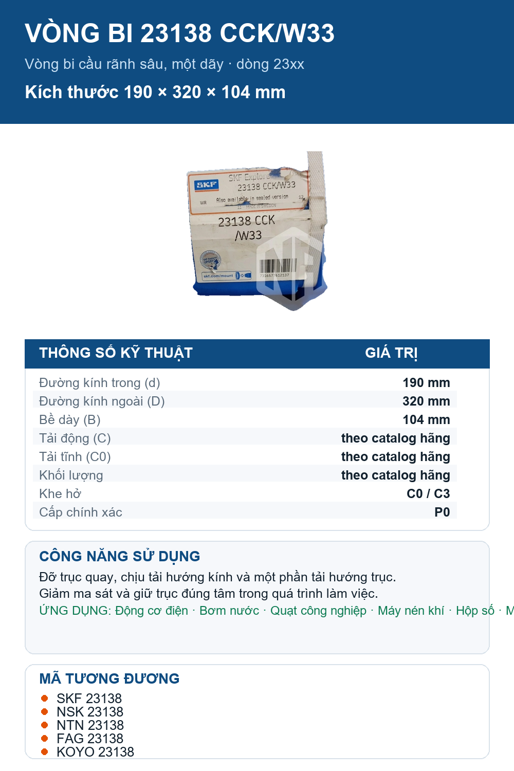 Vòng bi SKF 23138 CCK/W33 190x320x104mm — Ảnh thông số (Pinterest)